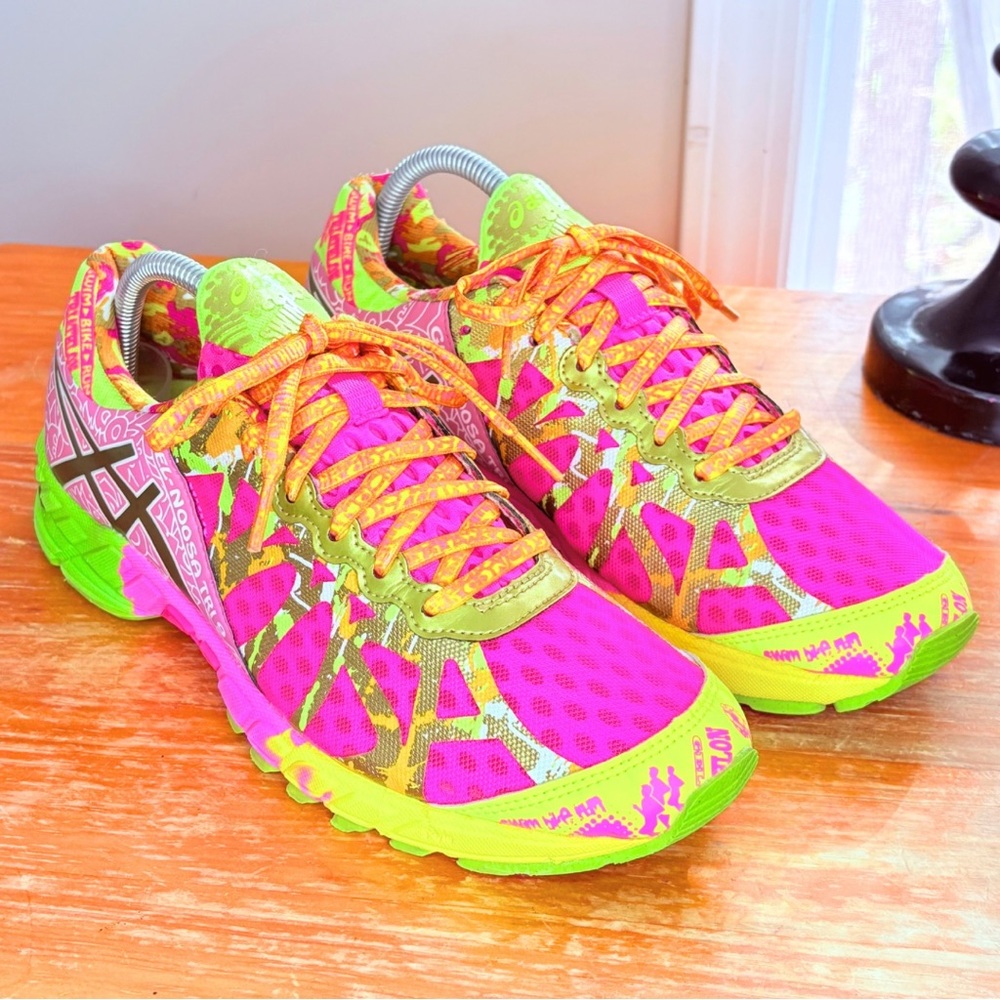 Asics Women's Neon Pink Yellow Green Running Shoes - Picture 2 of 16